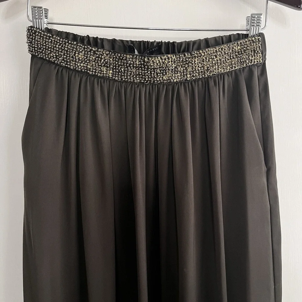 Zara M Pull On Beaded‎ Stretch Maxi Skirt Dark Olive Satin Boho Glam Fairygrunge